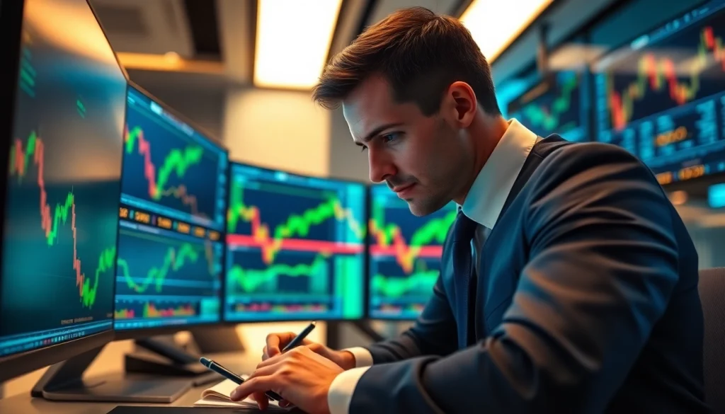 Trader evaluating XAUUSD signals on screens in a modern trading environment.