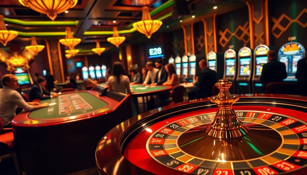 Players reveling in an exhilarating moment at e28 casino's blackjack table surrounded by vibrant, luxury gaming elements.