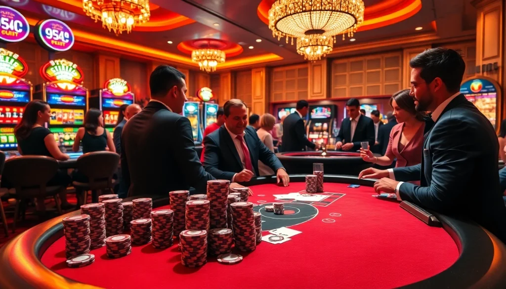 Experience the excitement of gaming at the luxurious casino scene featuring go8 com poker tables and vibrant slot machines.