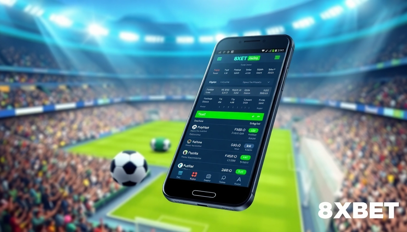 Explore the 8XBET mobile betting interface against a vibrant football stadium backdrop.