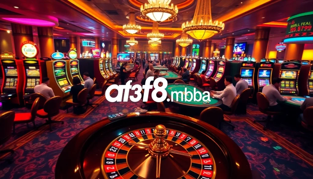 Experience lively casino action at https://af88.mba/ with players enjoying poker and roulette games amid vibrant lights.