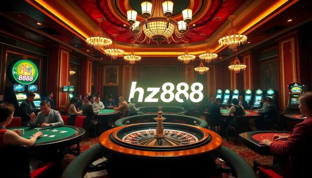 Gamblers enjoy intense poker games with luxurious decor, invoking luck and abundance represented by hz888.